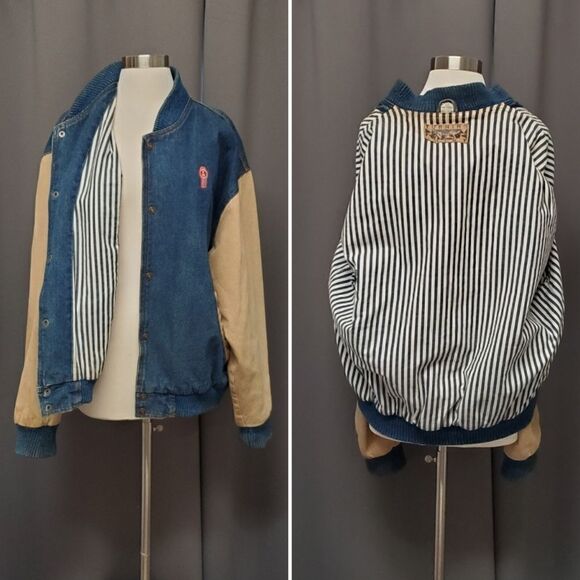 Vintage Kenworth Truck Two Tone Denim Railroad Striped Liner Varsity Bomber Coat - Picture 5 of 9
